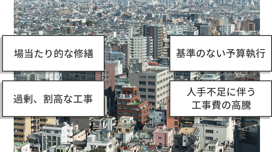 場当たり的な修繕過剰、割高な工事基準のない予算執行新築時の低予算 修繕積立金人手不足に伴う 工事費の高騰適正でない 長期修繕計画